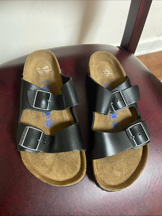 Birkenstock Shoes - Birkenstock Black Two-Buckle Leather Slide Sandals